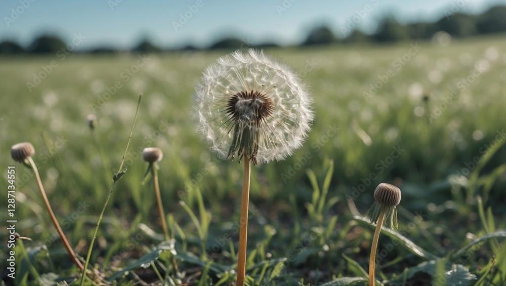Aufkleber faded dandelion in a meadow with soft focus background and empty space for text ideal for nature and