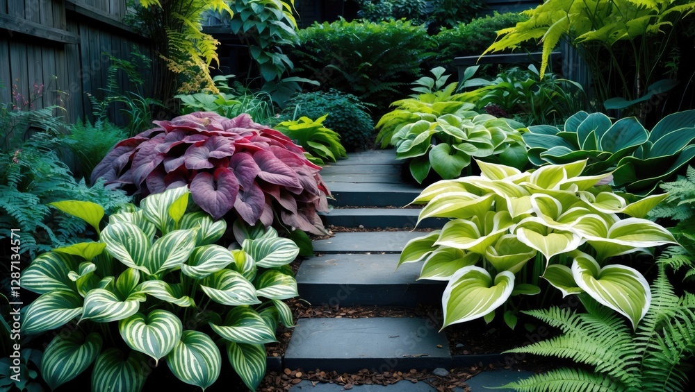 Poster lush hostas and variegated ferns create a serene seattle garden pathway filled with vibrant greenery