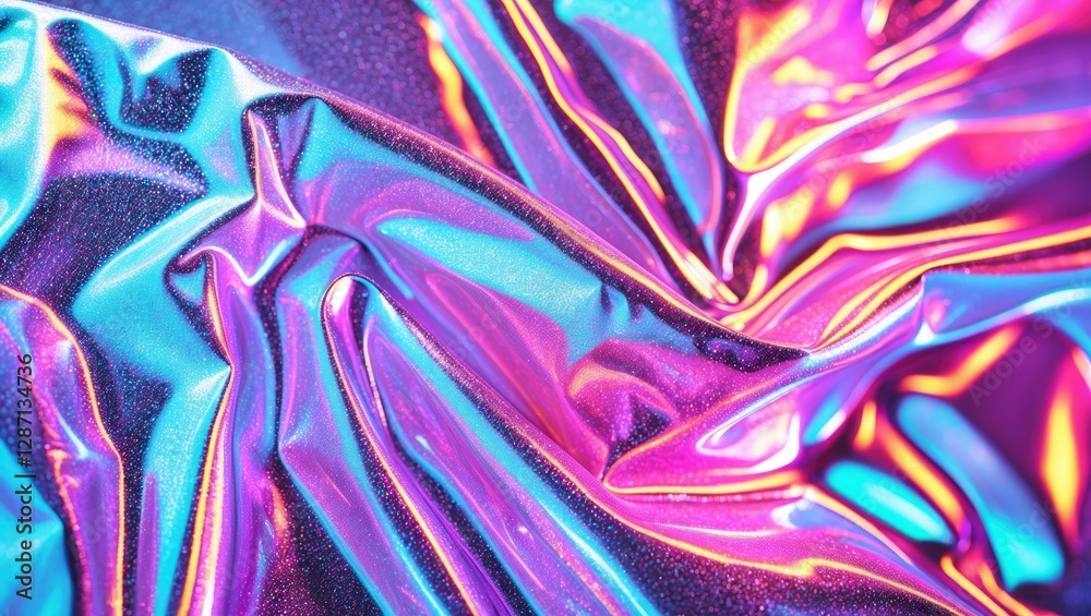Poster Holographic texture in vibrant neon colors creating an abstract radiant backdrop perfect for modern design and digital aesthetics.