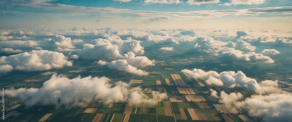 Aufkleber Aerial View of Lush Agricultural Fields Surrounded by Fluffy Clouds During Summer with Clear Skies and Space for Text Overlay