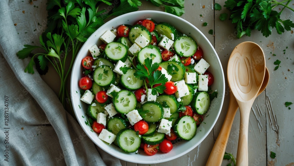 Poster fresh shepherd's salad with cucumbers feta and parsley in white bowl overhead view ideal for healthy