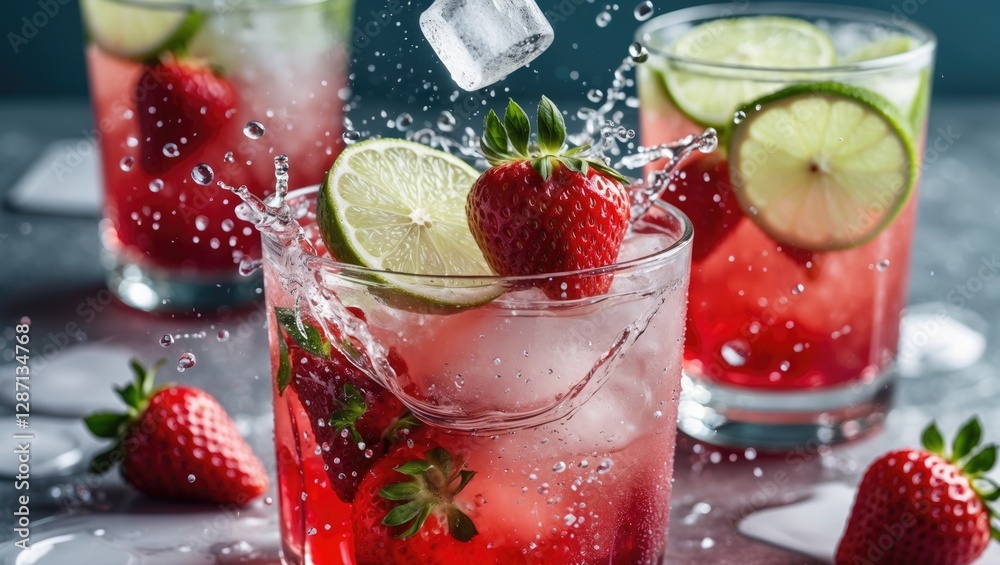 Poster refreshing strawberry lemonade cocktail with ice splash lime and berries in sparkling drink glasses 