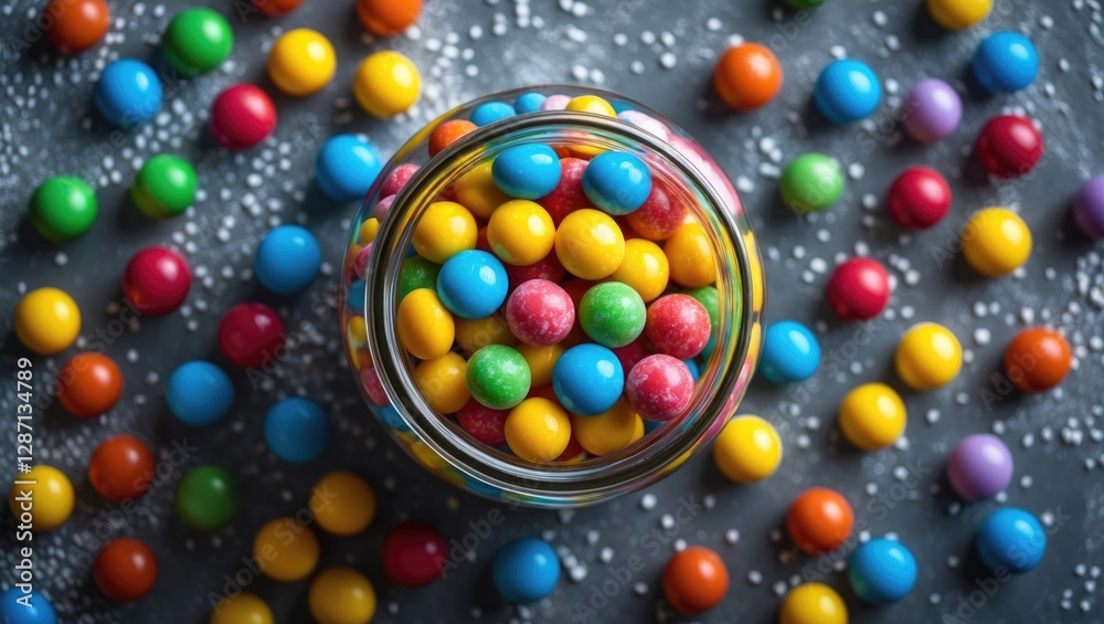 Poster glass jar filled with colorful candies surrounded by scattered sweets on textured surface top view v