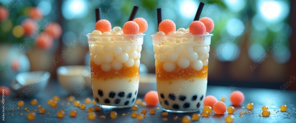 Poster delicious homemade bubble tea with tapioca pearls and fruit toppings displayed on a blurred backgrou
