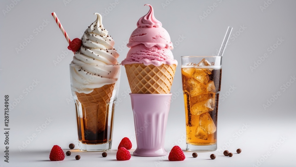 Poster delicious ice cream cones and refreshing soft drink displayed on a clean white background