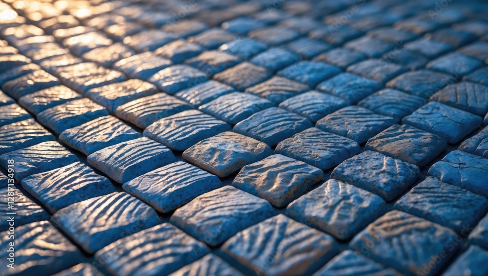 Poster seamless blue cobblestone tiles in herringbone pattern illuminated by warm natural light close-up vi