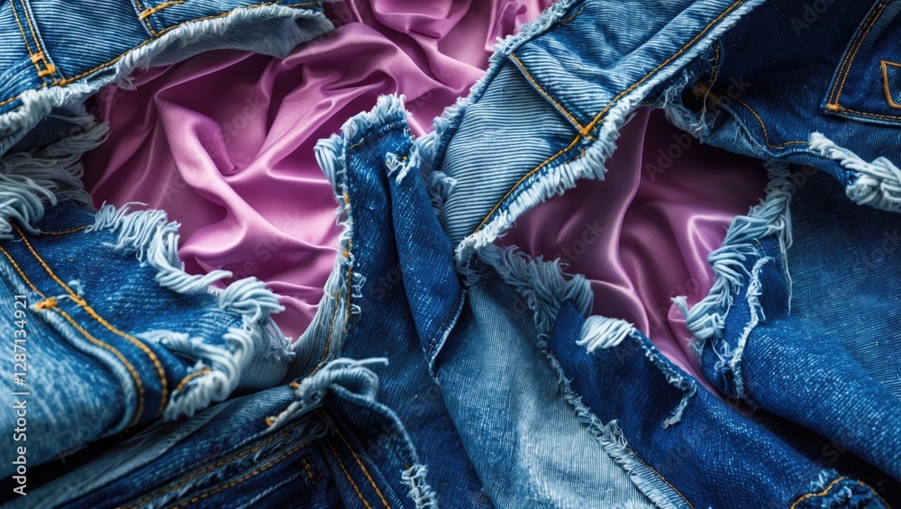 Leinwandbilder torn denim fabric with frayed edges layered over soft pink material creating a contrasting texture a