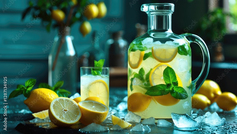 Poster refreshing homemade lemonade with lemon slices and mint in decanter surrounded by fresh lemons and i