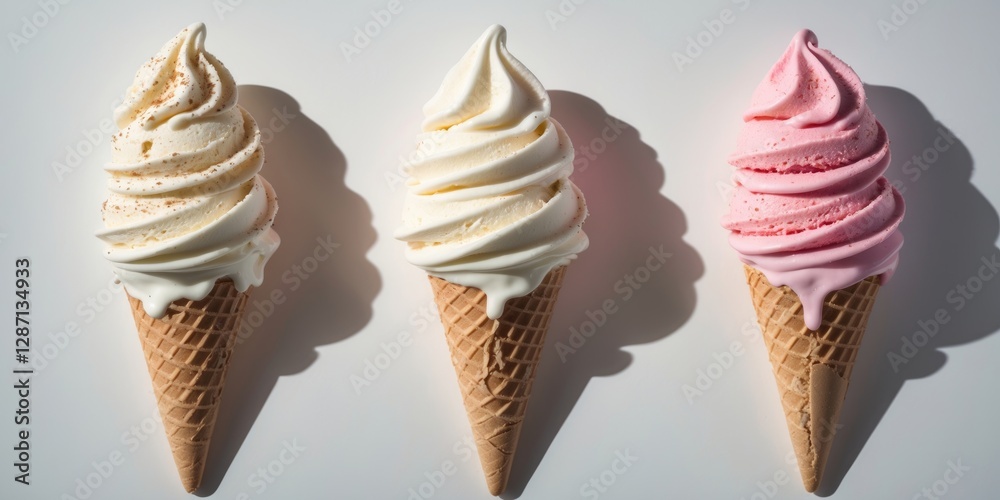 Poster delicious ice cream cones assorted flavors isolated on white background with drop shadow perfect for