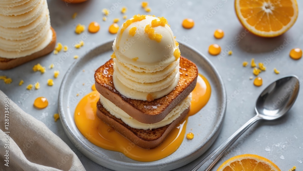 Poster Vanilla Honey Toast Ice Cream with Orange Sauce and Garnish on a Plate with Empty Space for Text