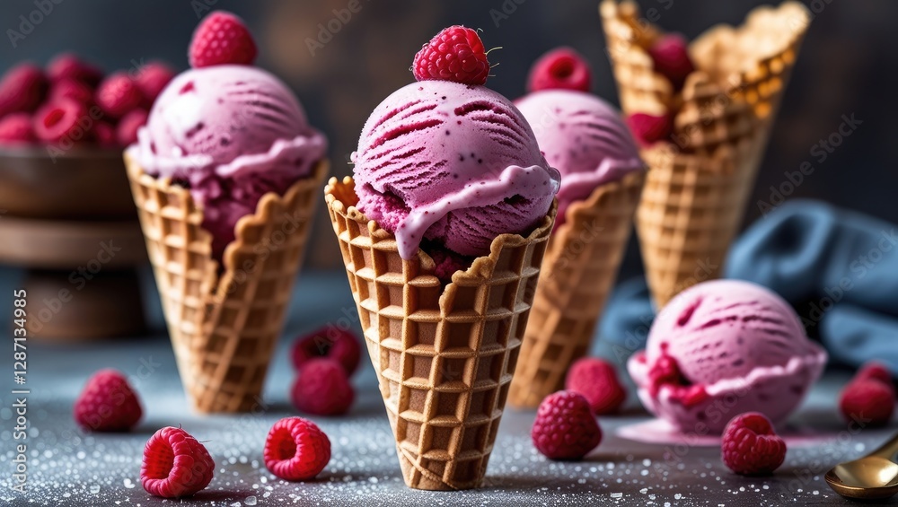 Poster delicious homemade raspberry ice cream served in crunchy waffle cones with fresh raspberries on a st
