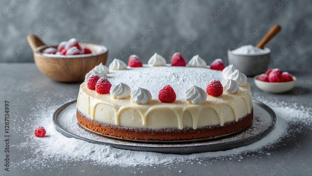 Poster delicious homemade yogurt cake topped with raspberries and whipped cream on a light grey table with 