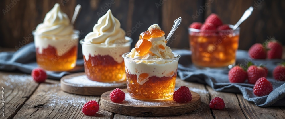 Poster homemade ice cream and jelly dessert in clear cups with fresh raspberries on rustic wooden table. pe