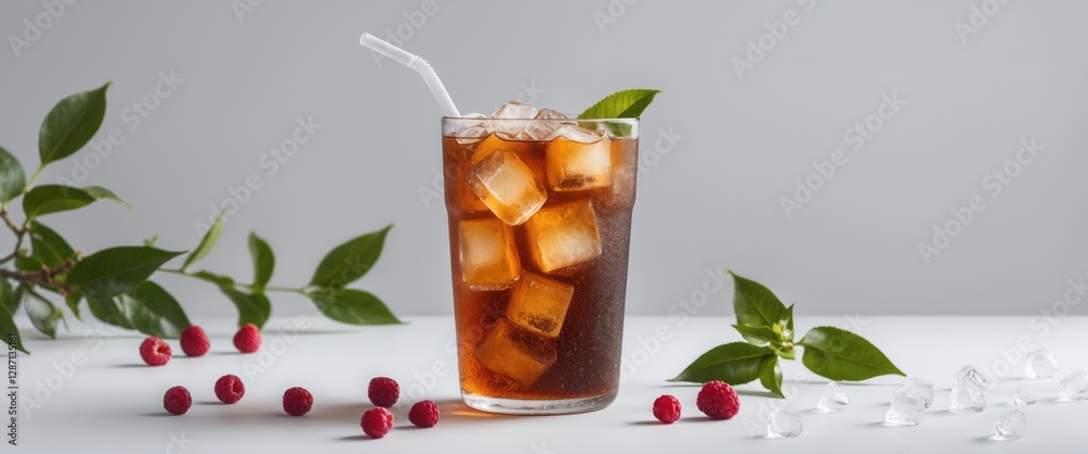 Poster refreshing iced tea served in a glass with ice cubes and berries on a white background ideal for bev