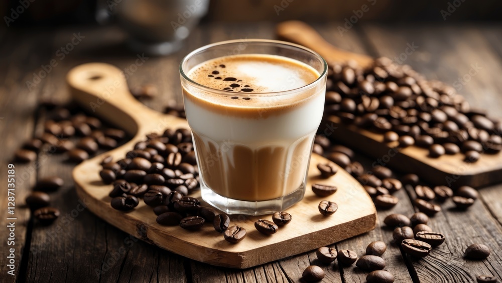 Poster iced latte coffee with milk in glass surrounded by coffee beans on wooden cutting board with rustic 