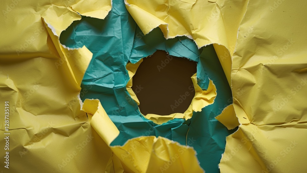 Poster torn yellow paper with blue accents showcasing a hole, symbolizing opportunities in business strateg