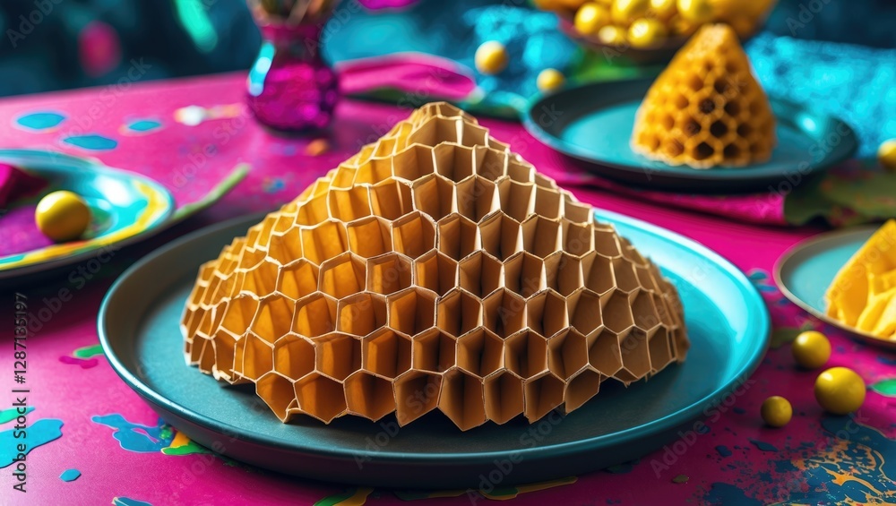 Aufkleber Honeycomb cardboard model displayed on a vibrant plate, showcasing intricate hexagonal design against a colorful background.
