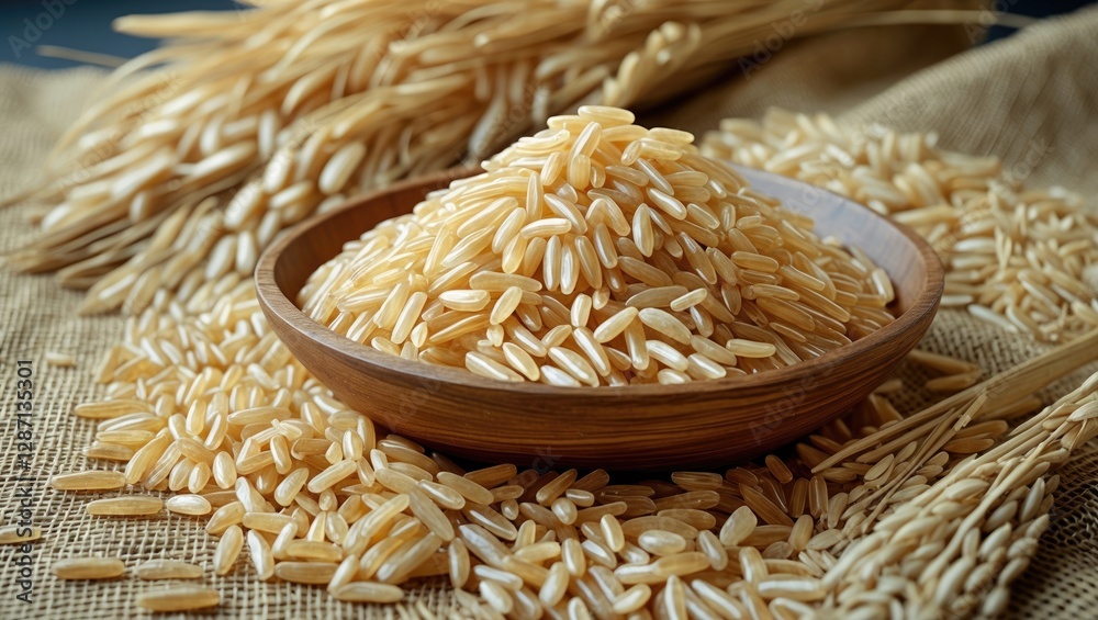 Aufkleber brown rice grains in a wooden bowl on a jute background with a rustic texture and surrounding rice s