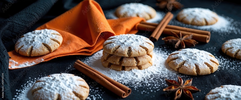 Poster homemade cookies dusted with powdered sugar surrounded by cinnamon sticks and star anise on a vibran