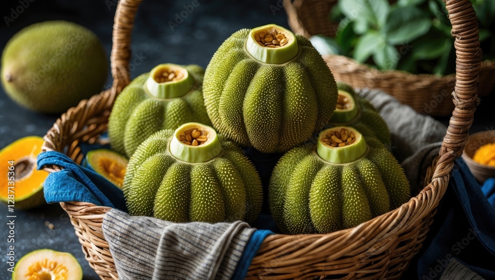 Poster Fresh jackfruit displayed in a woven basket with decorative cloth and scattered slices on a rustic wooden surface