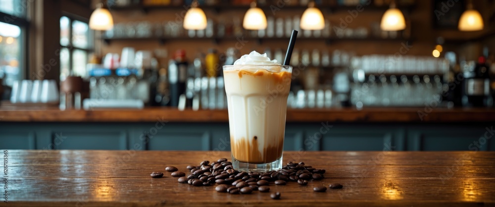 Poster iced coffee drink with milk and whipped cream on a wooden bar table with coffee beans and blurred ba