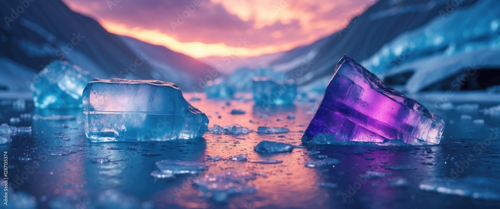 Aufkleber colorful ice formations on a reflective surface with a dramatic sunset backdrop creating a stunning 