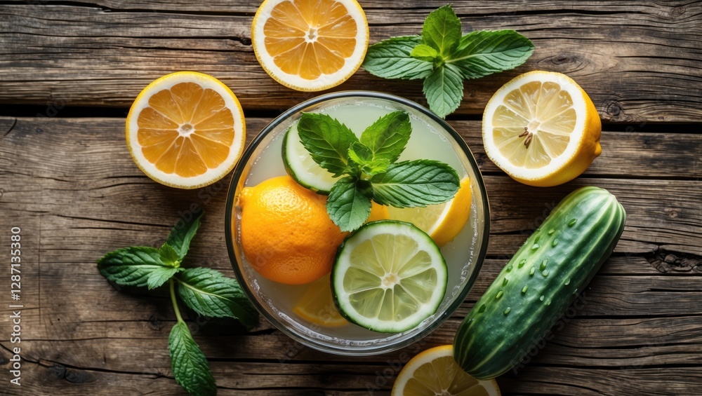 Poster refreshing homemade lemonade with citrus fruits mint and cucumber on rustic wooden surface top view 