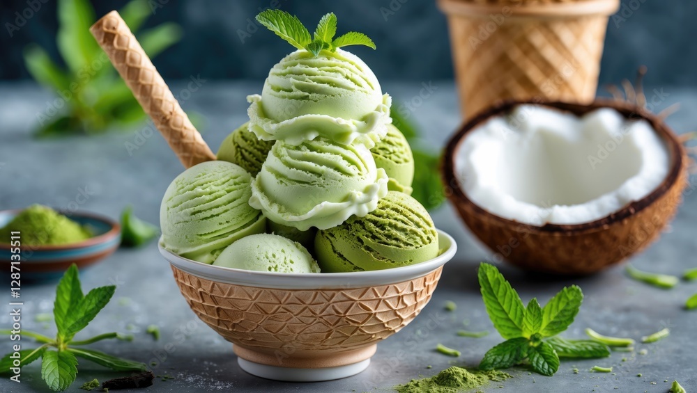 Poster green tea matcha mint ice cream in a waffle cone bowl with fresh mint and coconut milk on a rustic b