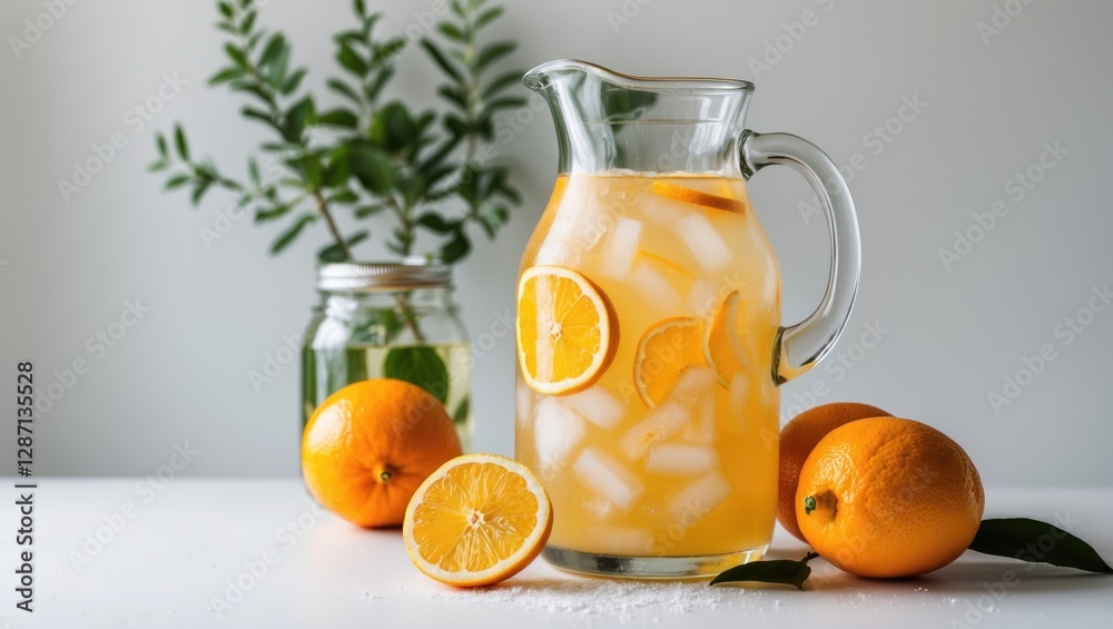 Poster refreshing jug of fresh orange lemonade with slices and oranges on white background surrounded by gr