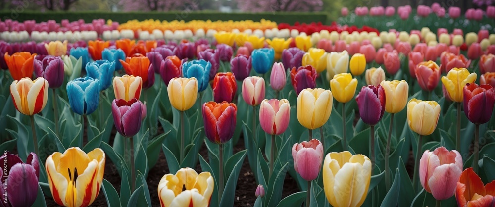 Poster vibrant multicolored tulip garden in full bloom showcasing a beautiful array of floral diversity and