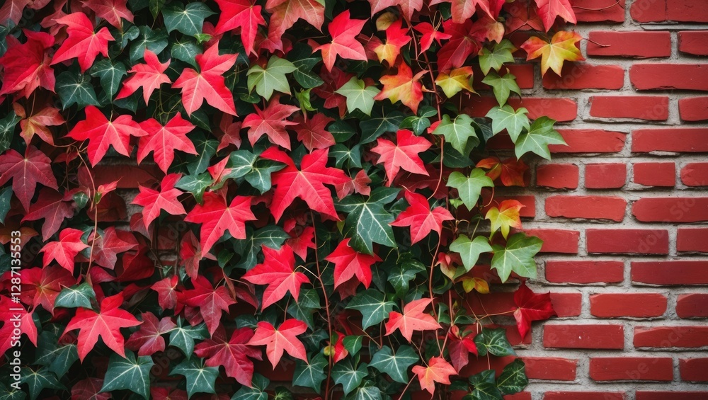 Aufkleber vibrant ivy leaves in red and green draped on a rustic red brick wall capturing the essence of autum