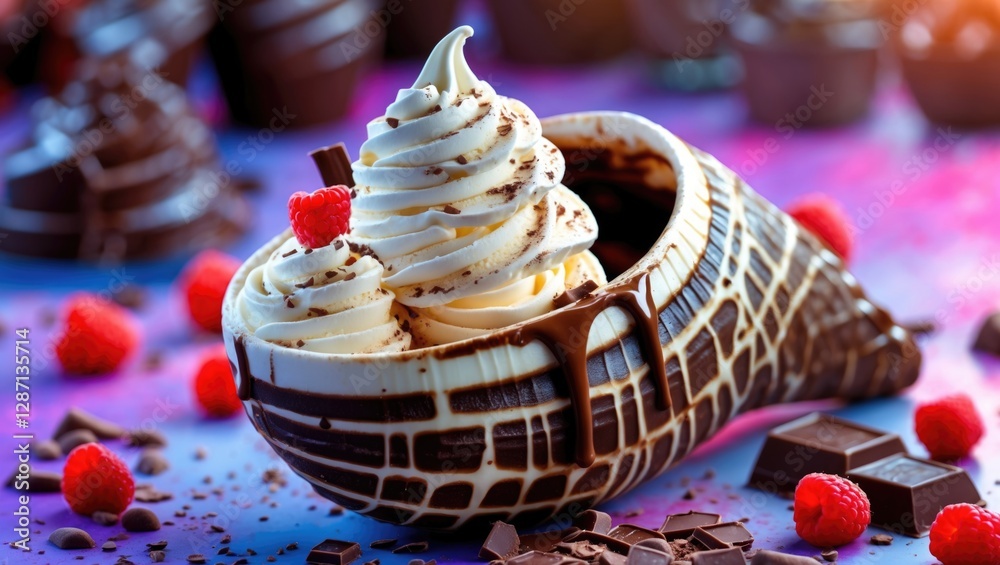 Aufkleber decadent chocolate horn filled with creamy vanilla ice cream and garnished with raspberries on vibra