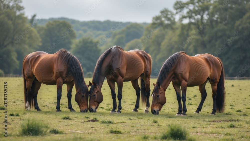 Poster Horses Grazing Peacefully in a Lush Meadow with Ample Space for Adding Text or Graphics in a Natural Setting