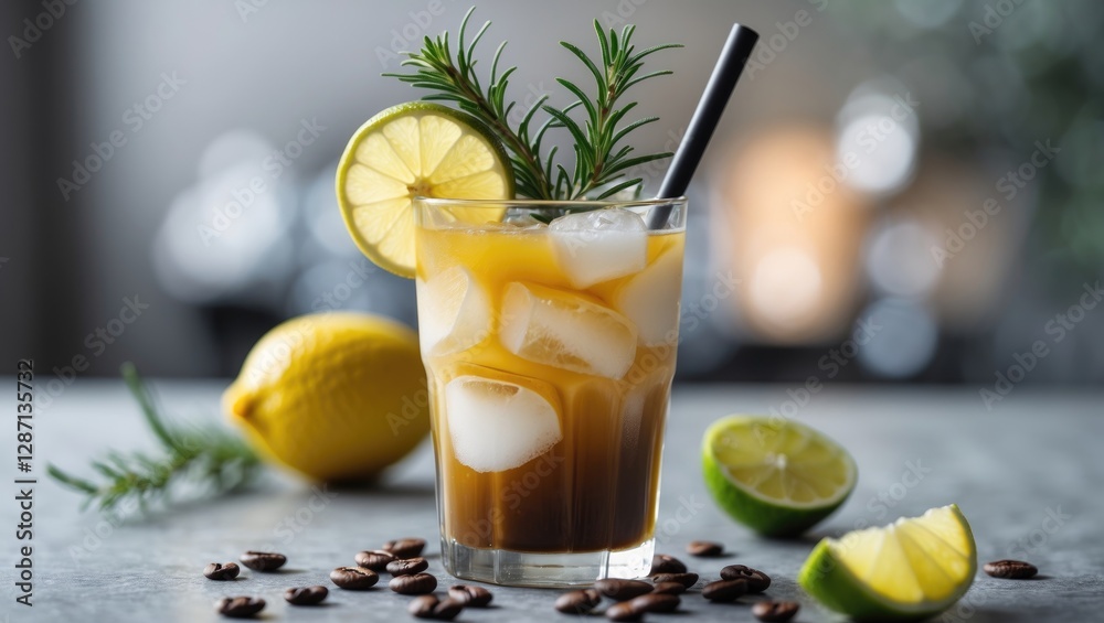 Poster refreshing iced coffee cocktail with lemon and rosemary garnish served over ice with coffee beans an