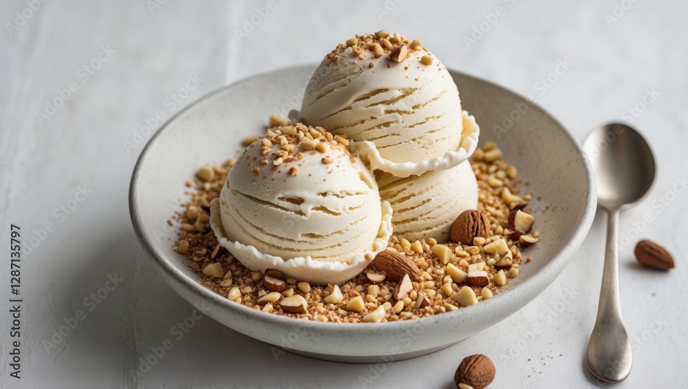 Poster delicious ice cream scoops topped with crushed nuts in a bowl on white table with blank space for te