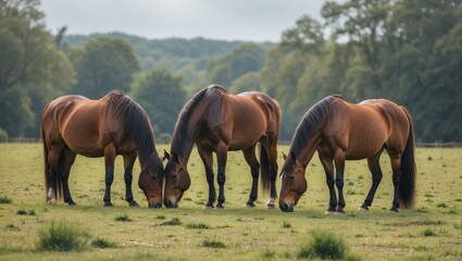 Horses Grazing Peacefully in a Lush Meadow with Ample Space for Adding Text or Graphics in a Natural Setting