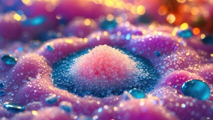 Fototapeta premium Close-up of vibrant bath salts with pink crystals and blue accents, showcasing intricate textures and colors for wellness and relaxation themes.