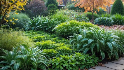 Lush green ground cover plants thriving in a vibrant sunlit autumn garden showcasing diverse foliage and seasonal beauty.