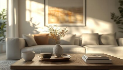 Mid-century modern living room with glowing AR furniture design data, sleek minimalist interior, soft natural lighting, photorealistic