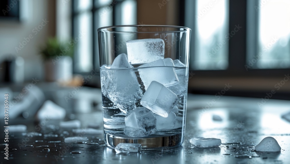 Poster refreshing cocktail glass filled with ice cubes on a kitchen counter with natural light from large w