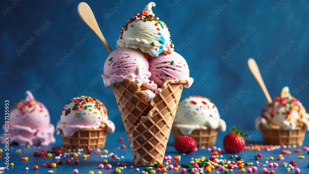 Poster colorful ice cream scoops with sprinkles in a waffle cone surrounded by more ice cream on a vibrant 