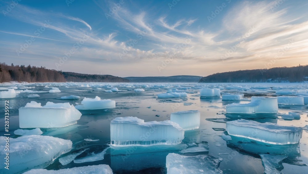 Aufkleber Frozen lake landscape with floating ice blocks and a serene sky during twilight. Ideal for winter-themed or nature-related projects.