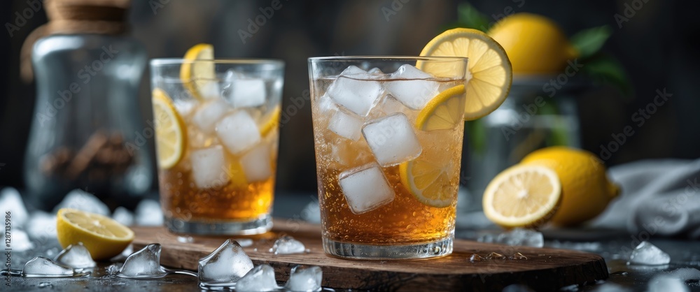 Poster refreshing ice lemon tea with slices and ice cubes on wooden board in dark setting