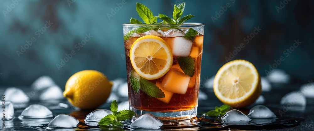 Poster refreshing iced tea with lemon and mint garnish served over ice for summer hydration and enjoyment