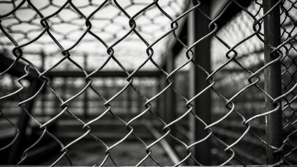 Fototapeta premium Black and white close-up of a textured chain link fence highlighting its intricate design and structure.
