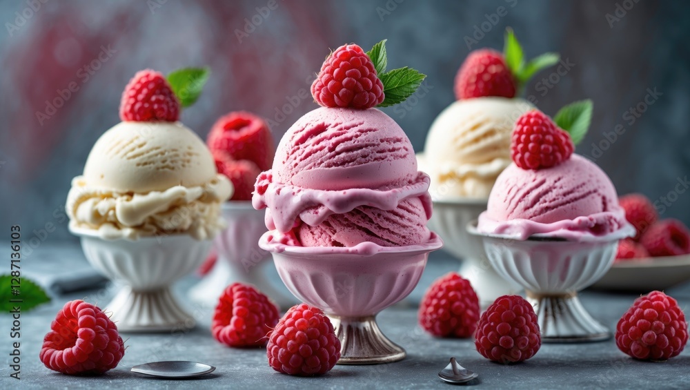 Leinwandbilder assorted raspberry and cream ice cream scoops in elegant bowls surrounded by fresh raspberries and m