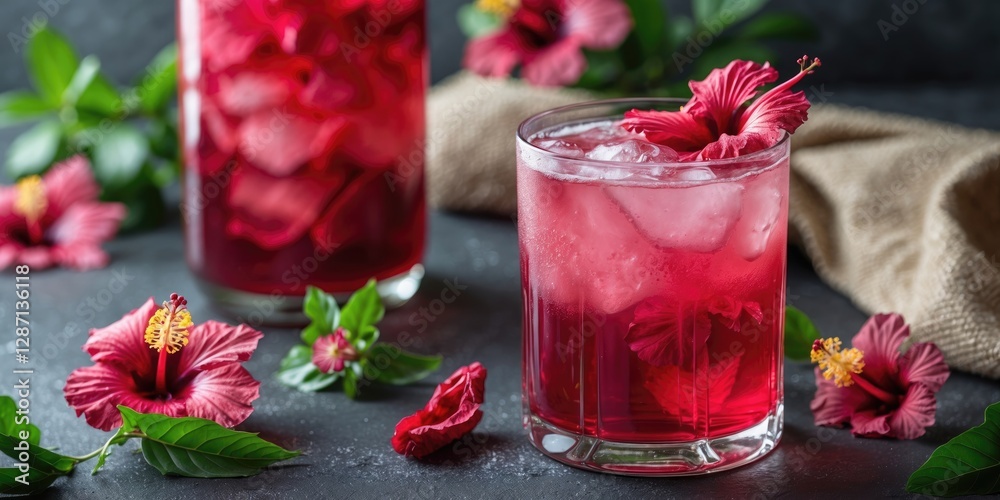 Aufkleber hibiscus drink with ice and fresh flowers in background concept of refreshing beverage with space fo