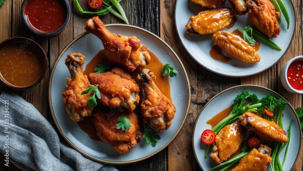 Aufkleber crispy fried chicken drumsticks and wings served with sauces on wooden table surrounded by fresh veg