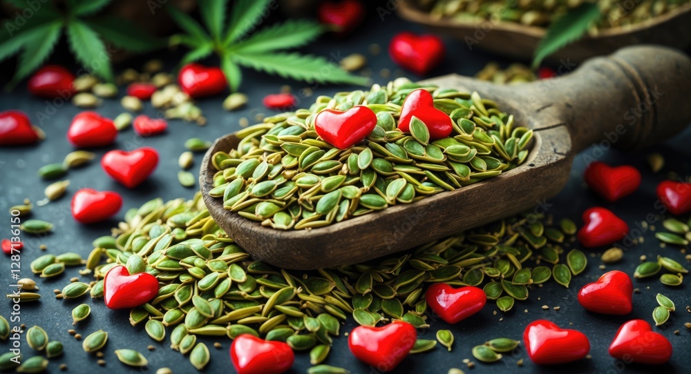 Poster hemp seeds and hearts in a rustic wooden scoop surrounded by scattered red heart shapes on a dark ba