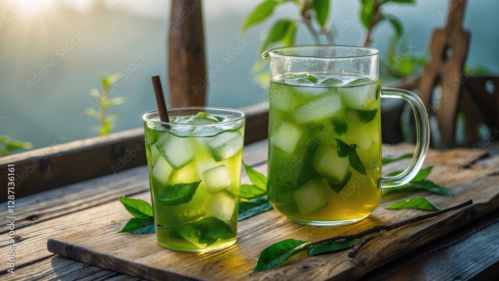 Poster refreshing iced green tea in a glass and pitcher on wooden table with morning light and empty space 